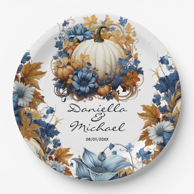 Assiettes En Carton Jardin d'automne élégant Citrouille blanc (Devant)