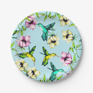 Assiettes En Carton Jardin enchanté Aquarelle Hummingbirds & Flowers