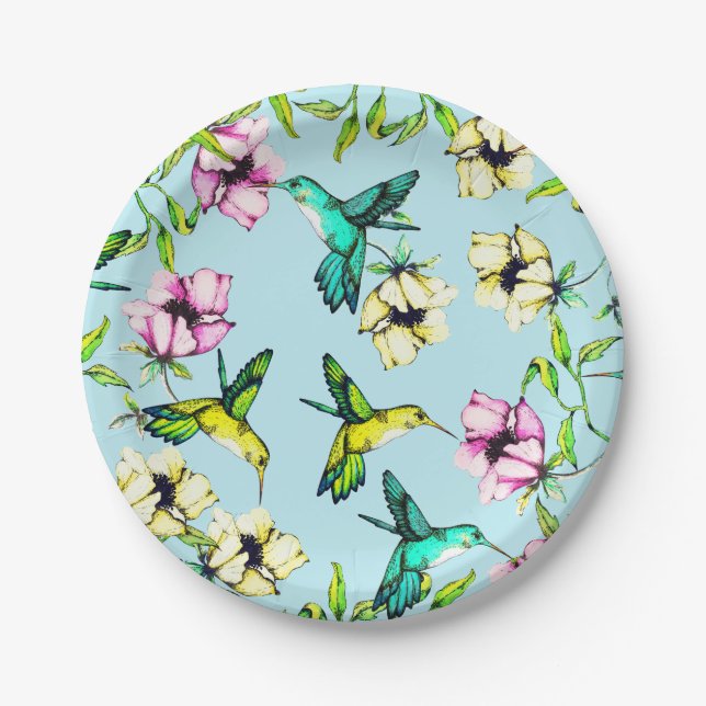 Assiettes En Carton Jardin enchanté Aquarelle Hummingbirds & Flowers (Devant)