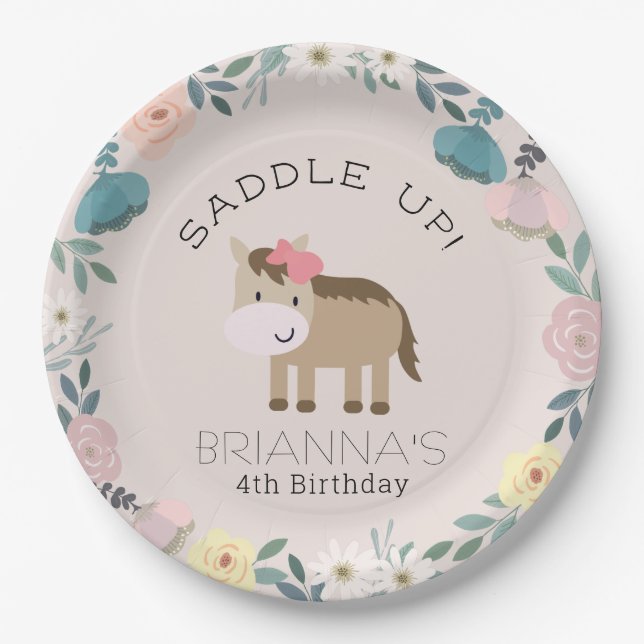 Assiettes En Carton Jardin rose Floral Horse Girl Anniversaire Plaque  (Devant)