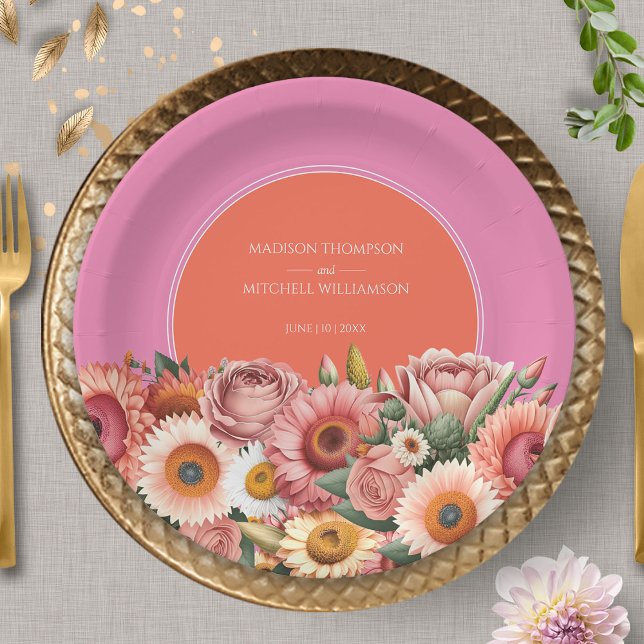 Assiettes En Carton Jardin Sunrise rose Orange moderne Mariage Floral (Créateur téléchargé)