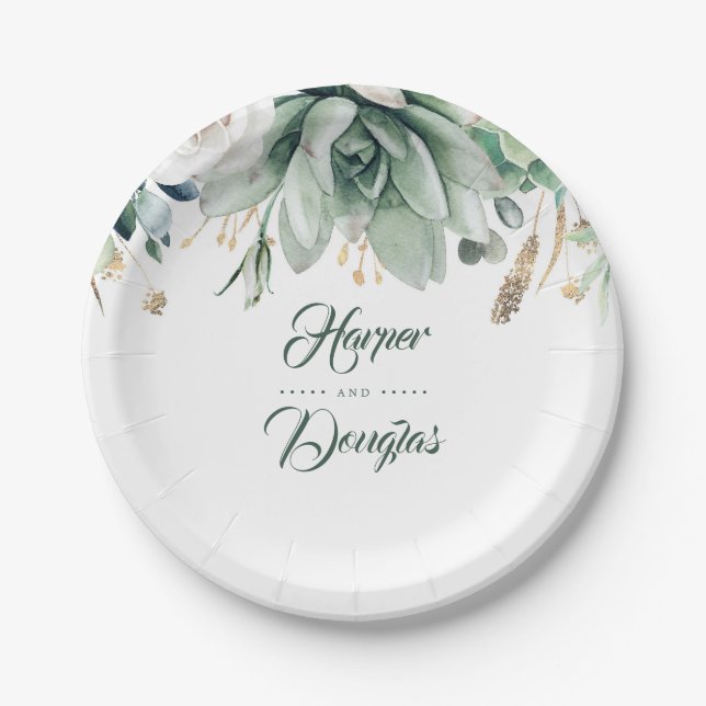 Assiettes En Carton Jardin verdoyant et or élégant Mariage (Devant)
