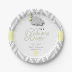 Assiettes En Carton Jaune, baby shower gris blanc d'éléphant