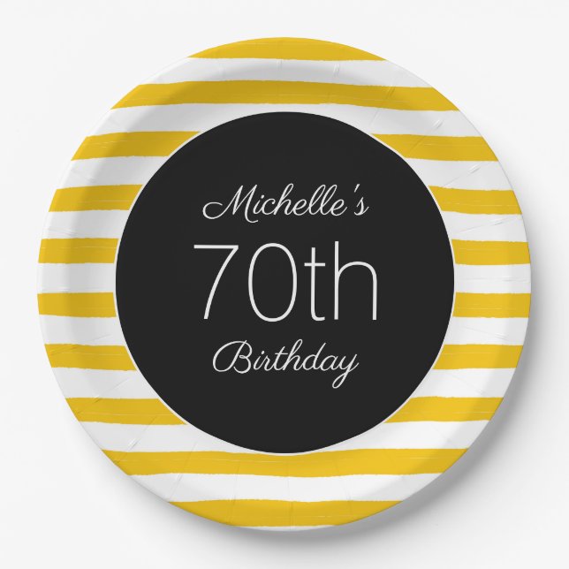 Assiettes En Carton Jaune blanc rayures Noir 70e anniversaire (Devant)