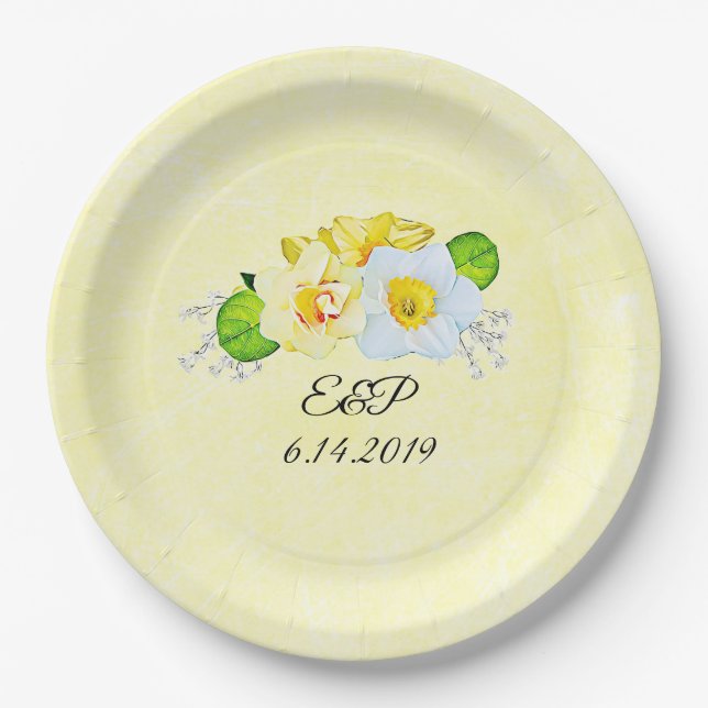 Assiettes En Carton Jaune Daffodils Printemps Mariage Personnalisé (Devant)