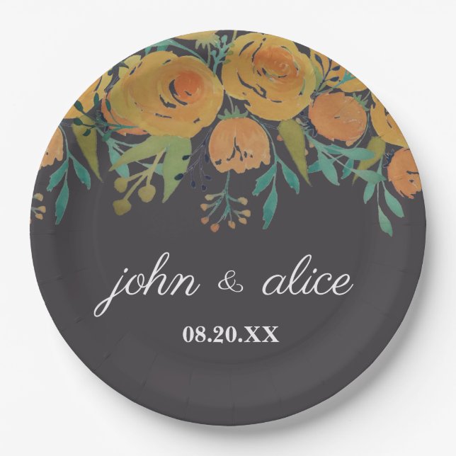 Assiettes En Carton Jaune et Brown pivoines et Mariage Rose (Devant)