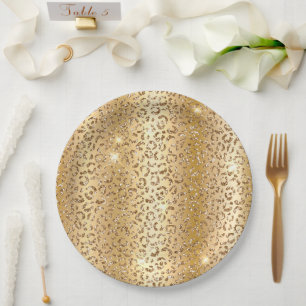 Assiettes En Carton Jaune Glam Parties scintillant or Leopard
