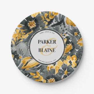 Assiettes En Carton Jaune + Gris Floral Aquarelle Monogramme Mariage