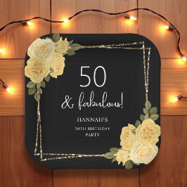 Assiettes En Carton Jaune noir et or Floral 50e anniversaire