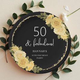 Assiettes En Carton Jaune noir et or Floral 50e anniversaire