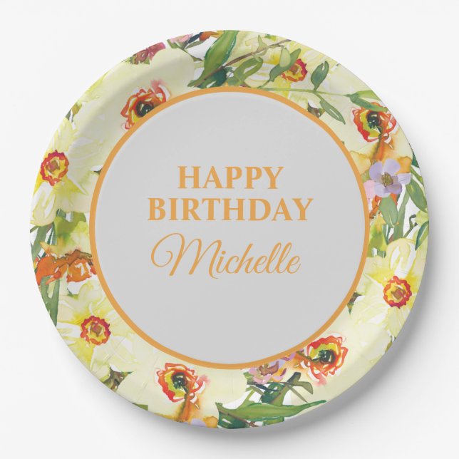 Assiettes En Carton Jaune Orange Florale fête d'anniversaire (Devant)