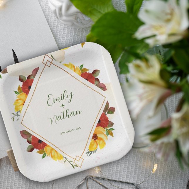 Assiettes En Carton Jaune rouge rustique jolie aquarelle Mariage flora (Yellow Red Rustic Pretty Watercolor Floral Wedding Paper Plates)