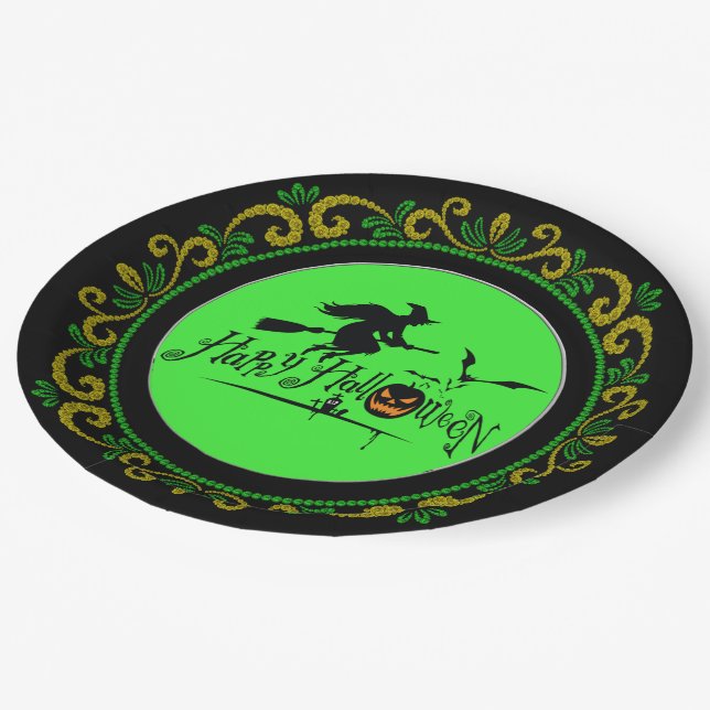 Assiettes En Carton Jaune Vert Joyeux Halloween sorcière et chauves-so (Angle)