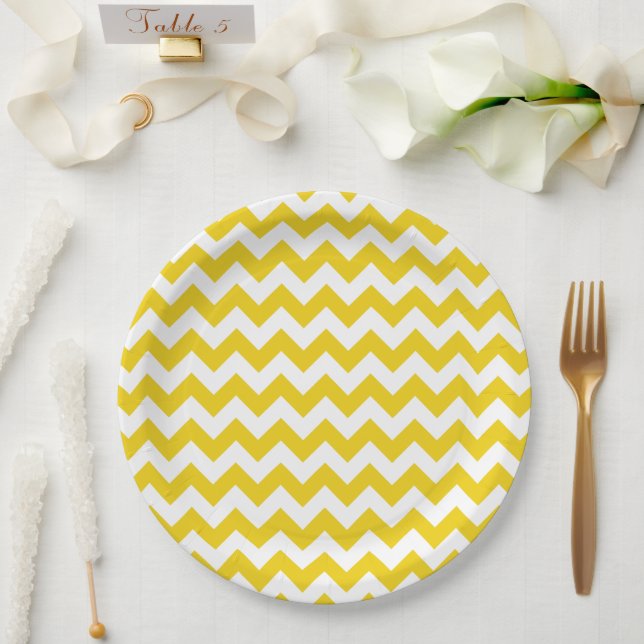 Assiettes En Carton Jaune Zigzag, Jaune Chevron, Motif géométrique (Mariage)