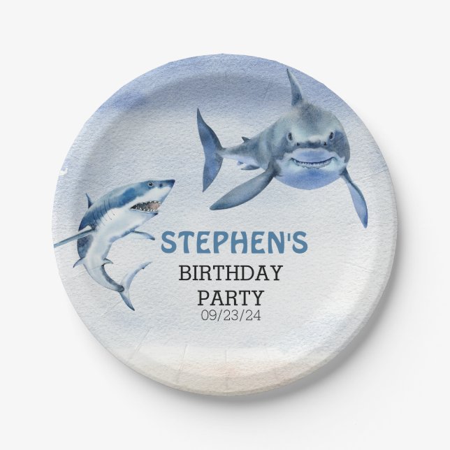 Assiettes En Carton Jawsome Grand requin blanc Aquarelle d'anniversair (Devant)