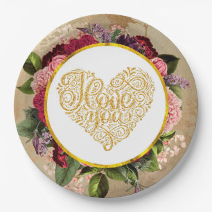 Assiettes En Carton Je T'Aime Fancy Golden Ornate Heart