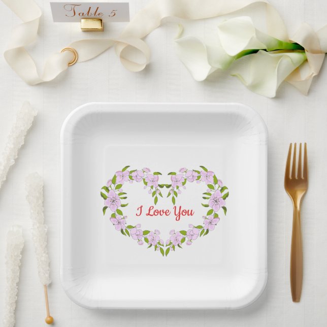 Assiettes En Carton Je t'aime fleurs mignonnes (Mariage)