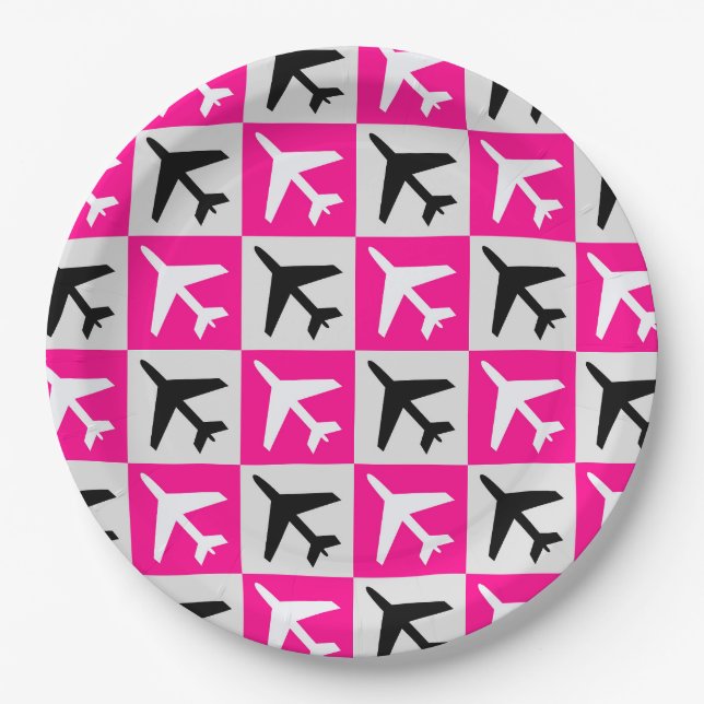 Assiettes En Carton Jets d'aviation géométriques rose (Devant)