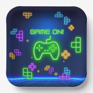 Assiettes En Carton Jeu sur le vert néon, bleu Gamer