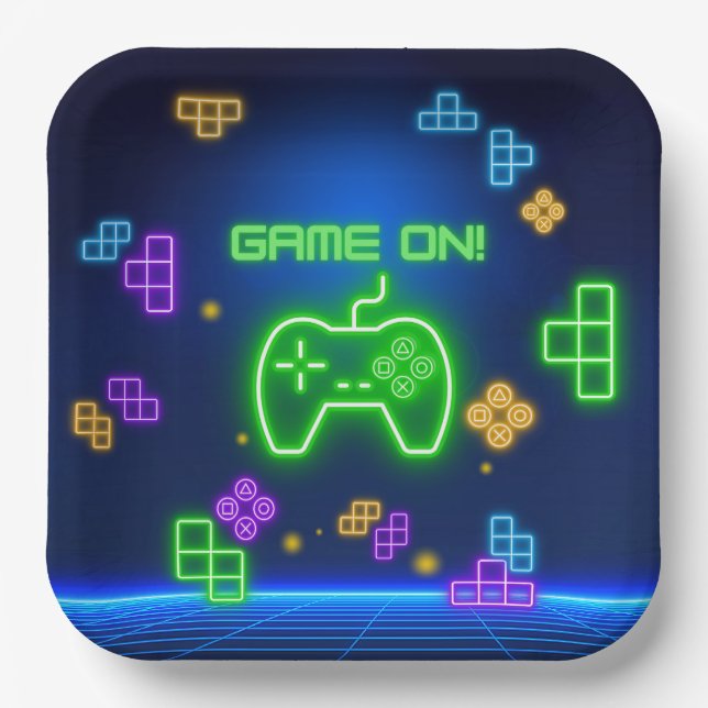 Assiettes En Carton Jeu sur le vert néon, bleu Gamer (Recto)