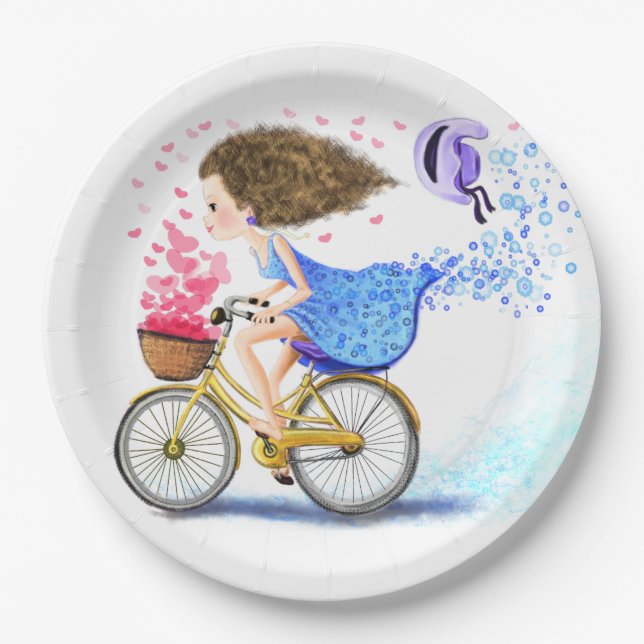 Assiettes En Carton Jeune fille avec plaques de papier à vélo - Amour (Devant)