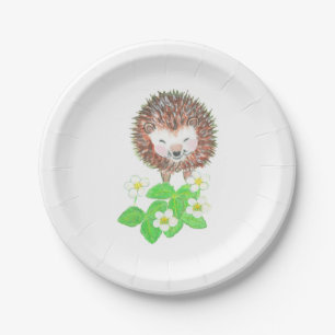 Assiettes En Carton Jeune Hérisson et Fleurs de fraises sauvages