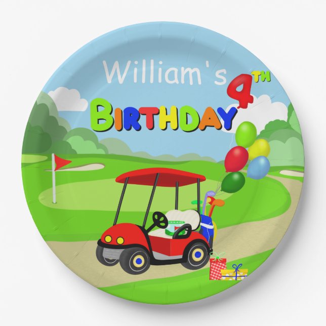 Assiettes En Carton Joli 4e anniversaire Red Golf Cart Boy's (Devant)