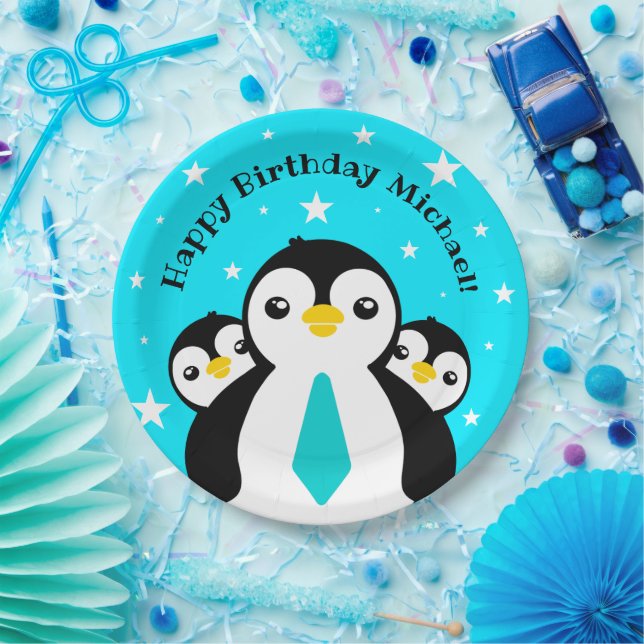 Assiettes En Carton Joli Anniversaire Garçon Pingouins Blue Neckties (Fête)