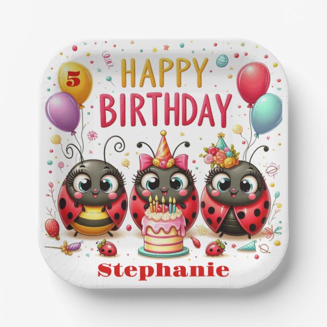 Assiettes En Carton Joli Anniversaire Ladybug Rouge Et Insecte Noire (Recto)