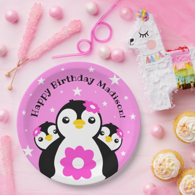 Assiettes En Carton Joli Anniversaire Pingouins Fleurs Roses (Fête)