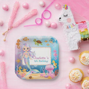 Assiettes En Carton Joli Anniversaire sirène poisson hippocampe arc-en