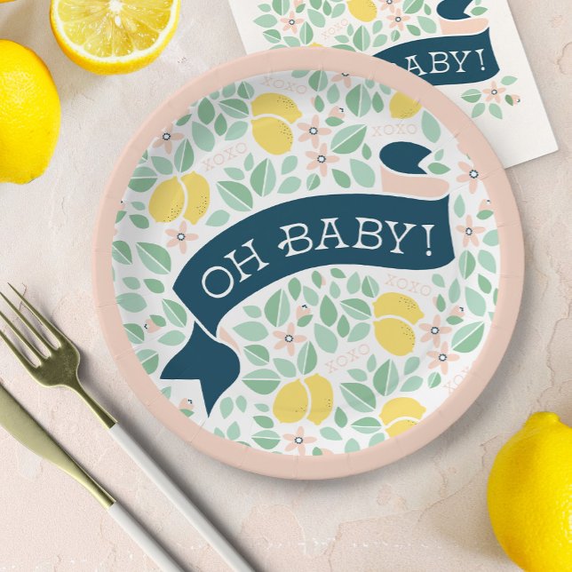 Assiettes En Carton Joli Baby shower botanique jaune citron rose (Cute Lemon Yellow Botanical Bold Baby Shower paper plate)