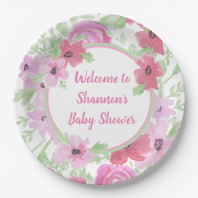 Assiettes En Carton Joli Baby shower d'aquarelle rose (Devant)