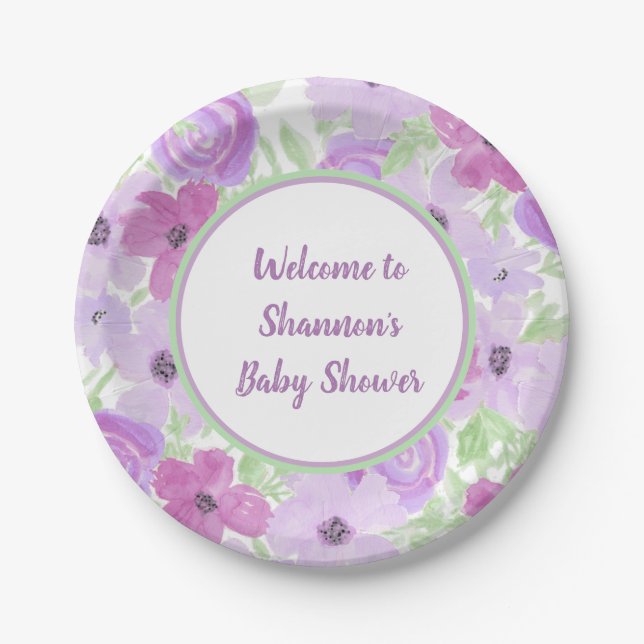 Assiettes En Carton Joli Baby shower d'aquarelle violet (Devant)