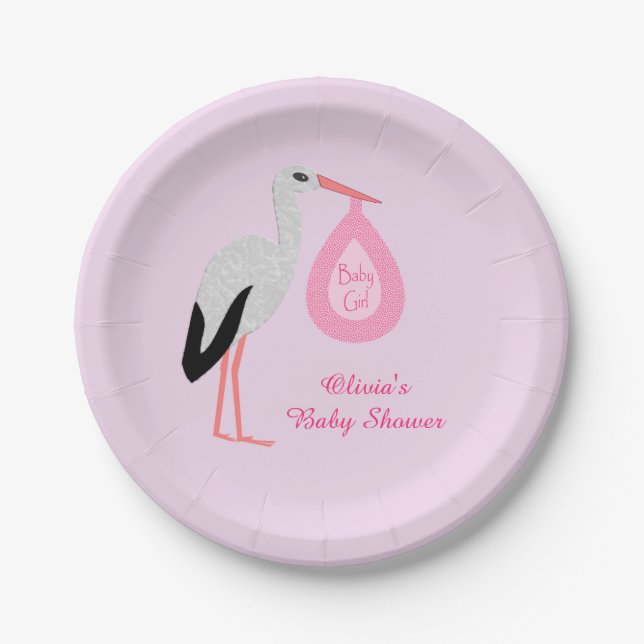 Assiettes En Carton Joli Baby shower de cigogne fille rose sur mesure (Devant)