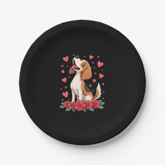 Assiettes En Carton Joli Beagle avec Roses Rouges Cœurs Floral Saint-V