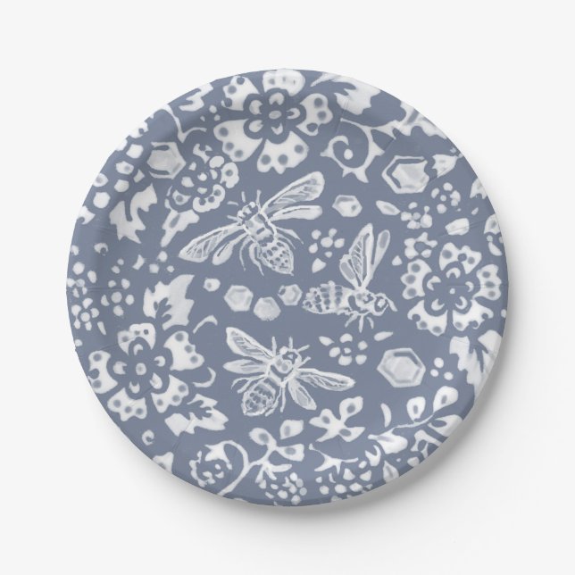 Assiettes En Carton Joli bleu blanc abeille Floral Motif (Devant)
