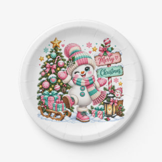 Assiettes En Carton Joli Bonhomme de Neige Rose de Noël