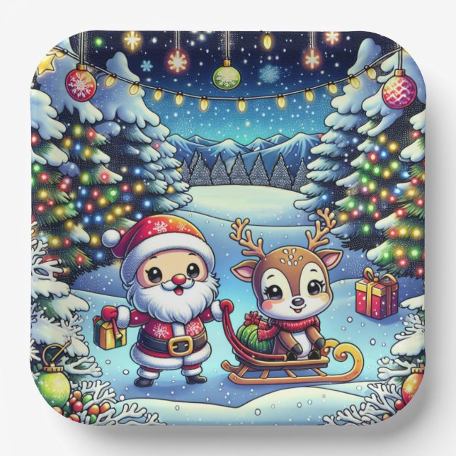 Assiettes En Carton Joli Cartoon Père Noël et Reindeer Noël (Recto)