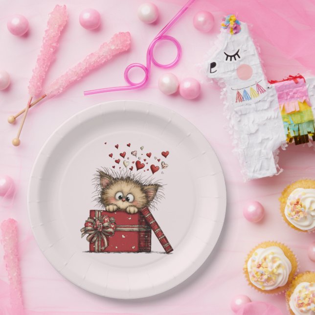 Assiettes En Carton Joli Chaton de Dessin Animé avec des Cœurs (Fête)