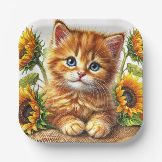Assiettes En Carton Joli Chaton Orange Parmi les Tournesols