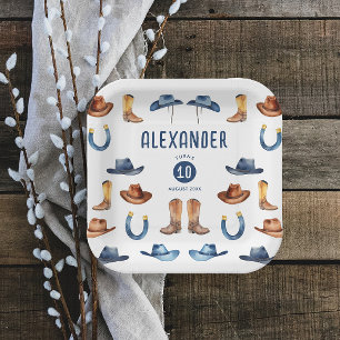 Assiettes En Carton Joli Cheval Brun Bleu Chapeau de Cowboy Bottes Aqu