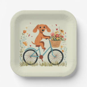 Assiettes En Carton Joli chien teckel à vélo Fleurs printanières