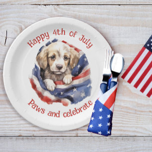 Assiettes En Carton Joli Chiot Rouge Blanc Bleu Drapeau Américain 4ème