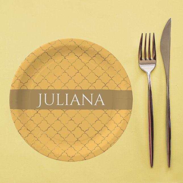 Assiettes En Carton Joli Daffodil Gold Quatrefoil Personnalisé (Créateur téléchargé)