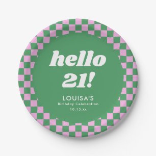 Assiettes En Carton Joli damier rose vert personnalisé 21e anniversair