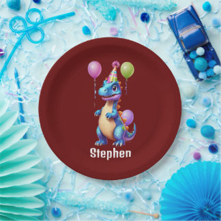 Assiettes En Carton Joli dinosaure bleu d'anniversaire