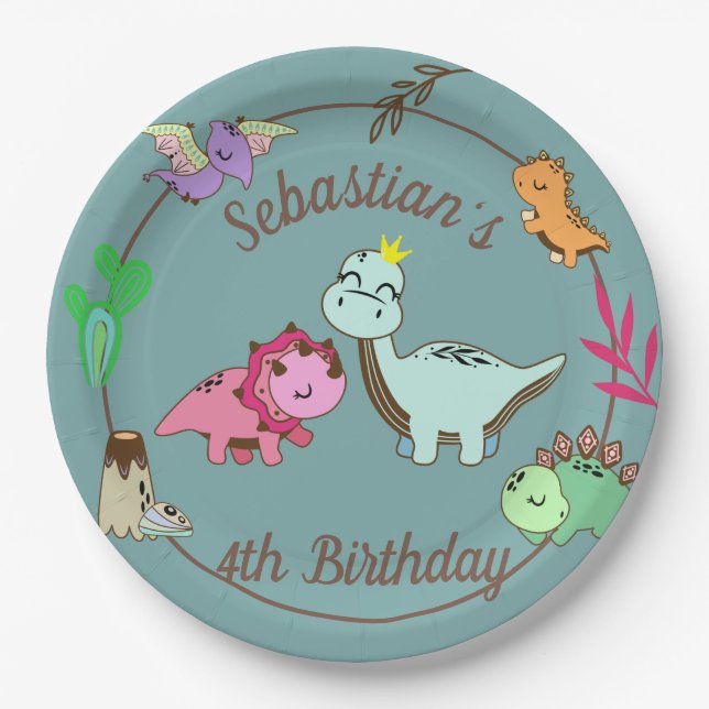 Assiettes En Carton Joli Dinosaures fête d'anniversaire (Devant)