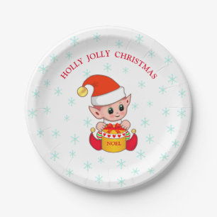 Assiettes En Carton Joli elfe de Noël & flocons de neige sur blanc