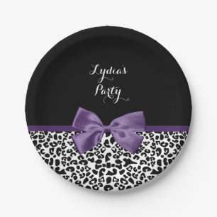 Assiettes En Carton Joli Empreinte de léopard Pourpre Bow avec nom